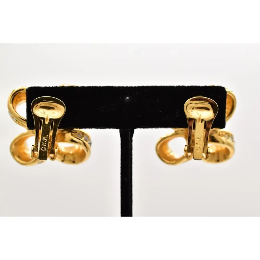 KJL Vintage Crystal Bow Clip Earrings Knot Gold Tone Chunky Signed 1990s BinBF - Picture 10 of 12
